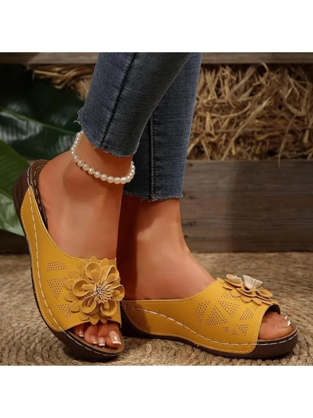 Women's Yellow Faux Leather Summer Wedge Low Open Toe Slide Dressy Flower Sandal